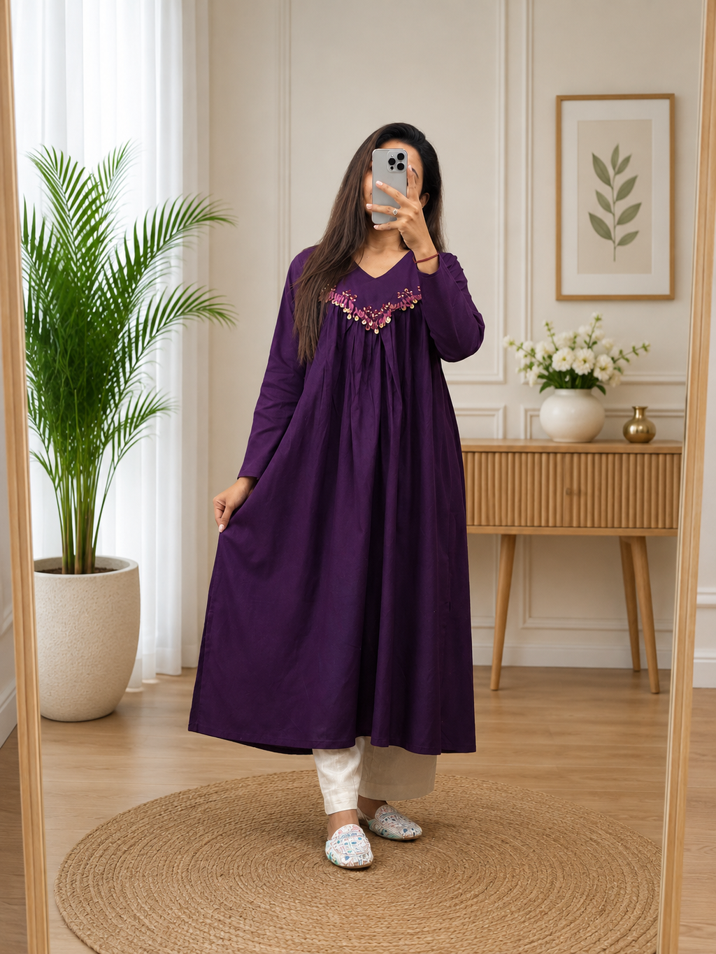 Elegant Cotton Purple A-Line Kurta  Pant Set With Handwork Tassles Look