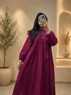 Women's Wine Cotton A-Line Kurta Pant Set with Pleated Yoke | Gopi Designer Studio