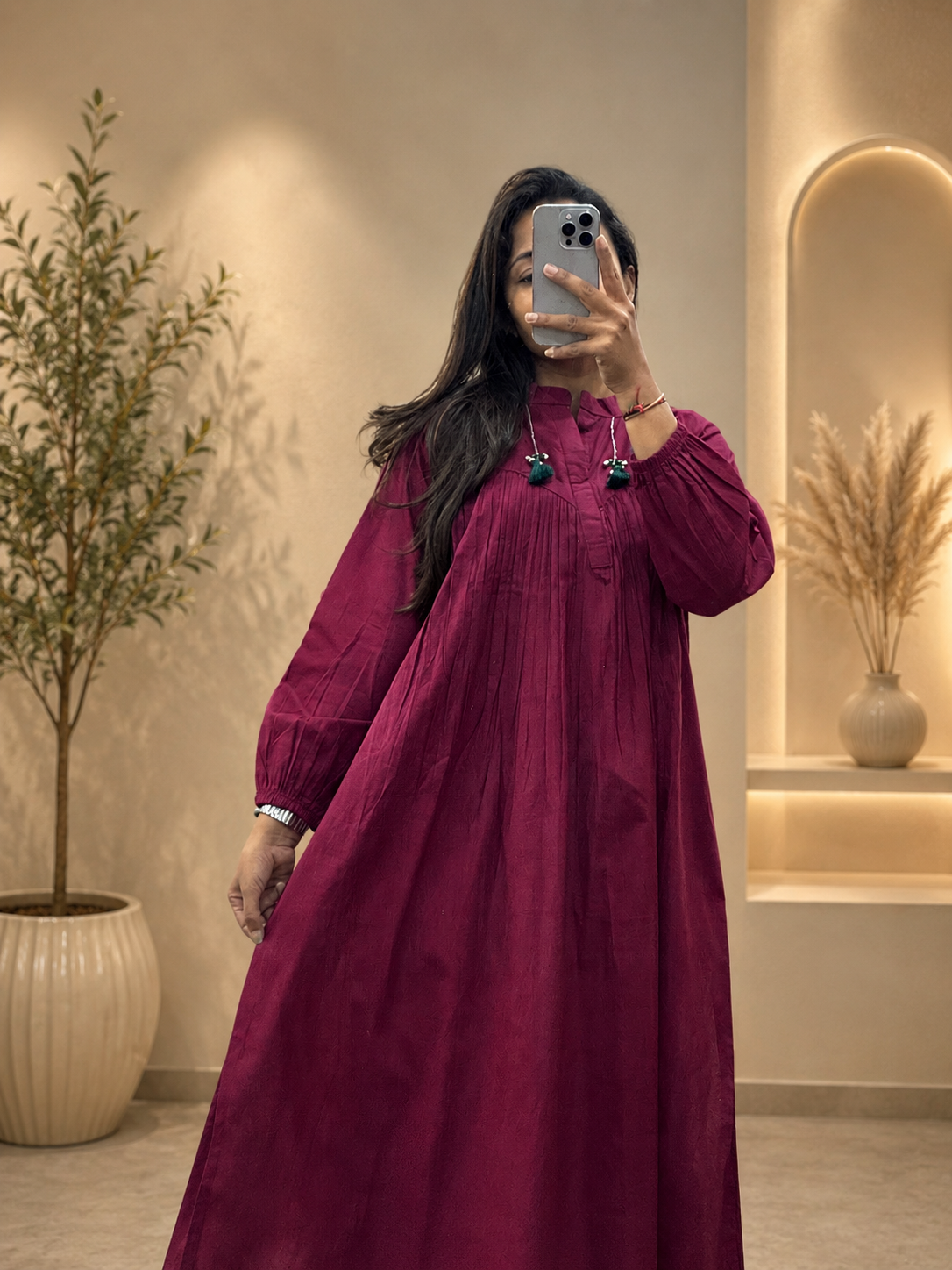 Women's Wine Cotton A-Line Kurta Pant Set with Pleated Yoke | Gopi Designer Studio