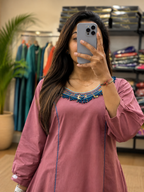 Women’s Peach Color Cotton A-Line Kurta Plazo Set with Hand Tassels Look | Gopi Designer Studio