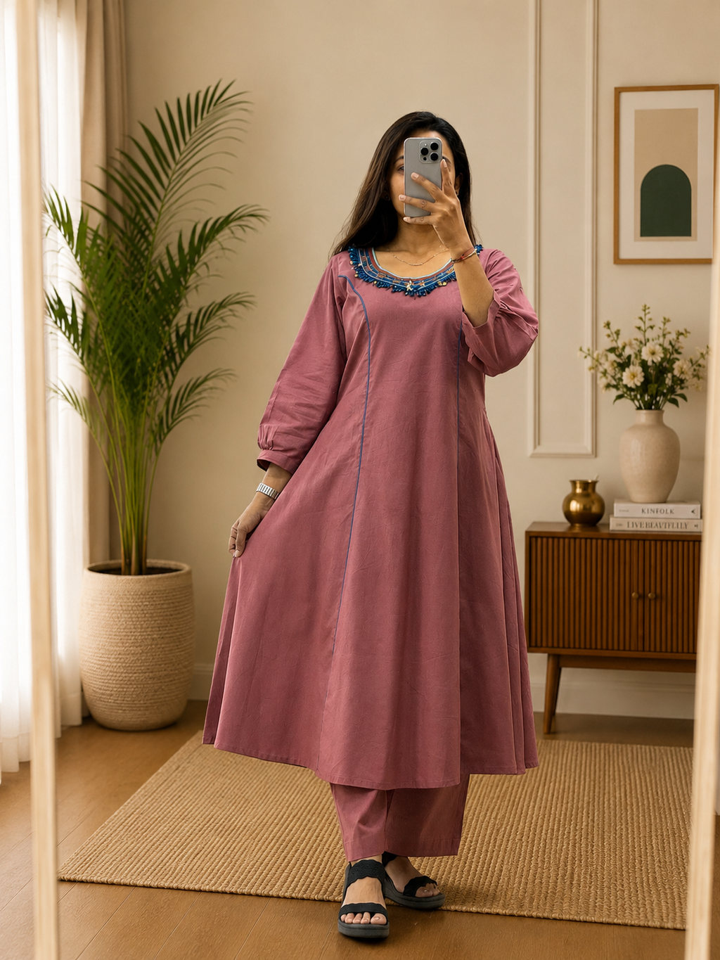 Women’s Peach Color Cotton A-Line Kurta Plazo Set with Hand Tassels Look | Gopi Designer Studio