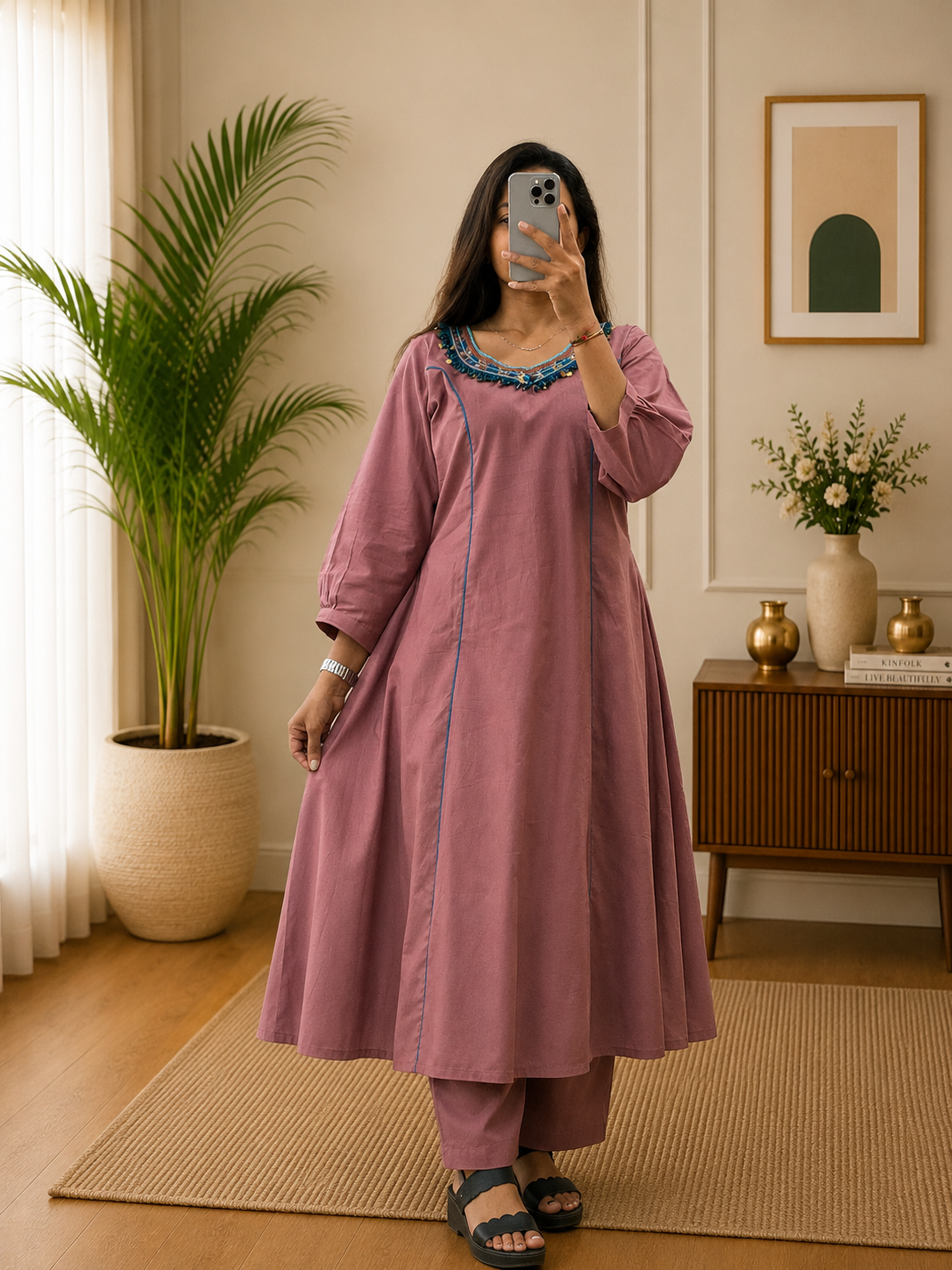 Women’s Peach Color Cotton A-Line Kurta Plazo Set with Hand Tassels Look | Gopi Designer Studio