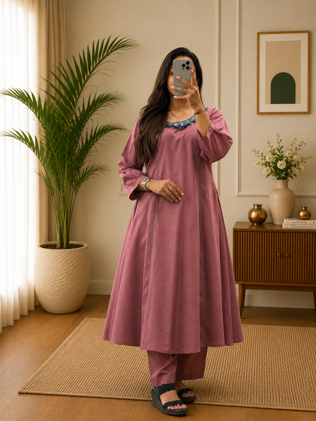 Women’s Peach Color Cotton A-Line Kurta Plazo Set with Hand Tassels Look | Gopi Designer Studio