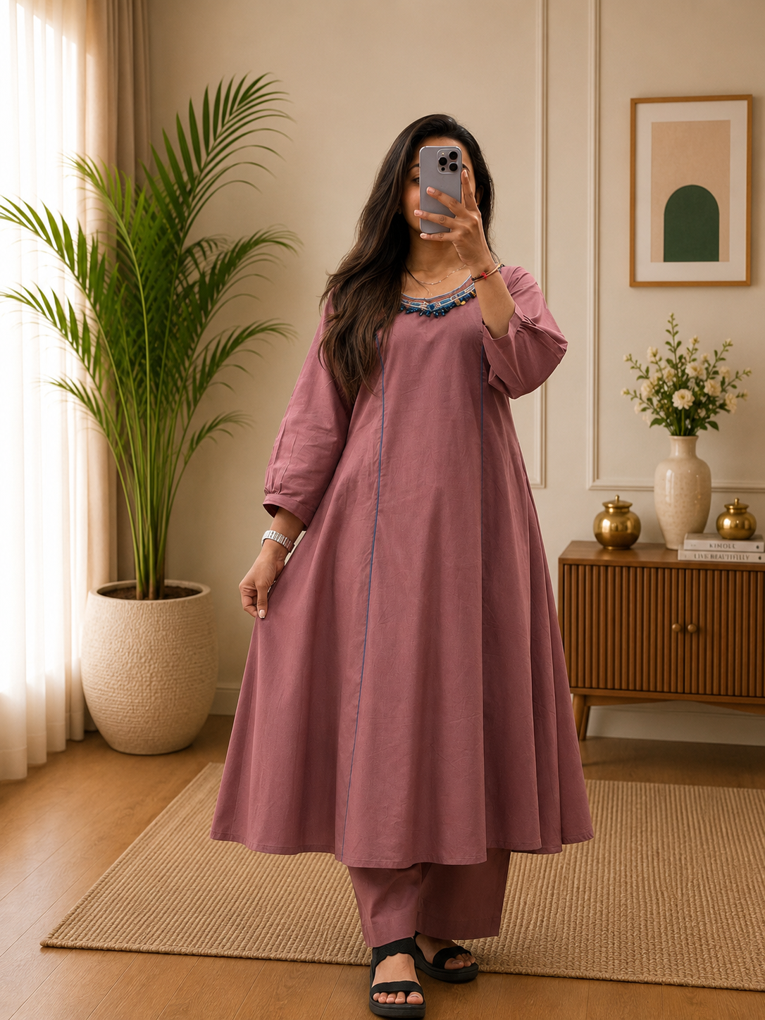 Women’s Peach Color Cotton A-Line Kurta Plazo Set with Hand Tassels Look | Gopi Designer Studio