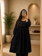 Women's Black Cotton A-Line Kurta Plazo Set with Thread Works | Gopi Designer Studio