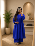 Women's Royal Blue Cotton A-Line Kurta Plazo Set with Beads Work | Gopi Designer Studio