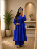 Women's Royal Blue Cotton A-Line Kurta Plazo Set with Beads Work | Gopi Designer Studio