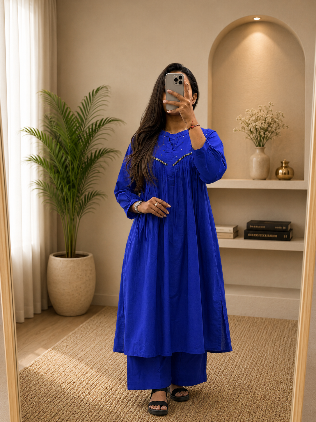 Women's Royal Blue Cotton A-Line Kurta Plazo Set with Beads Work | Gopi Designer Studio