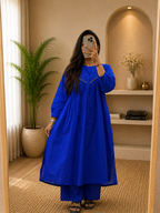 Women's Royal Blue Cotton A-Line Kurta Plazo Set with Beads Work | Gopi Designer Studio