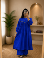 Women's Royal Blue Cotton A-Line Kurta Plazo Set with Beads Work | Gopi Designer Studio