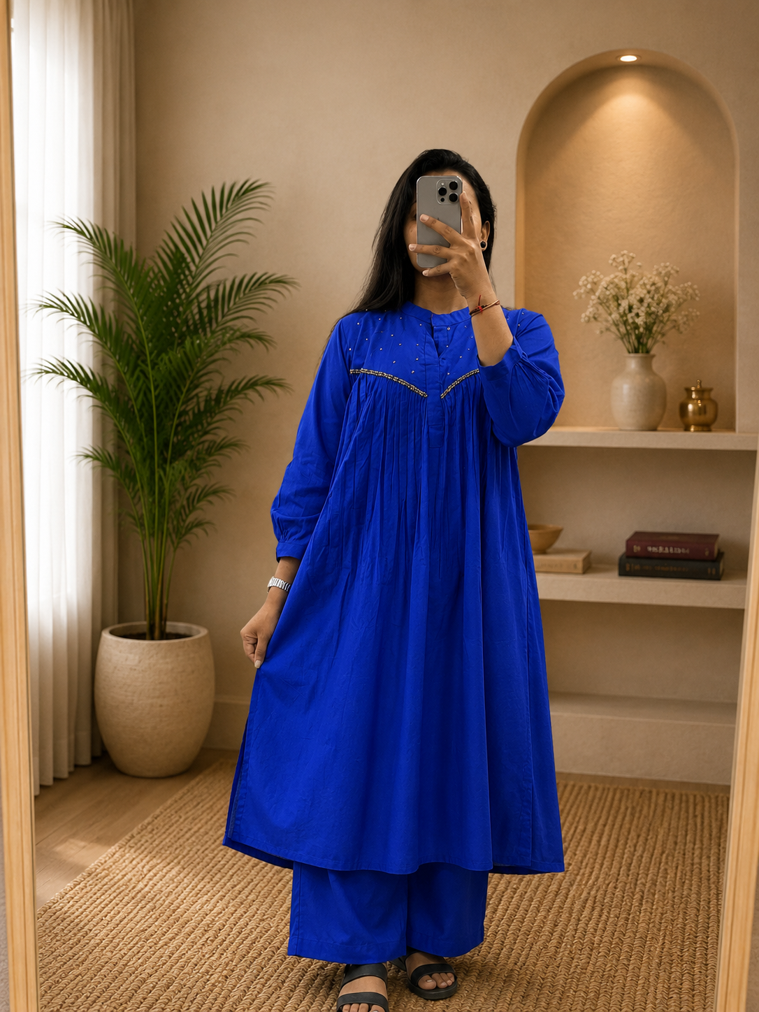 Women's Royal Blue Cotton A-Line Kurta Plazo Set with Beads Work | Gopi Designer Studio