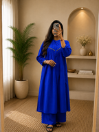 Women's Royal Blue Cotton A-Line Kurta Plazo Set with Beads Work | Gopi Designer Studio