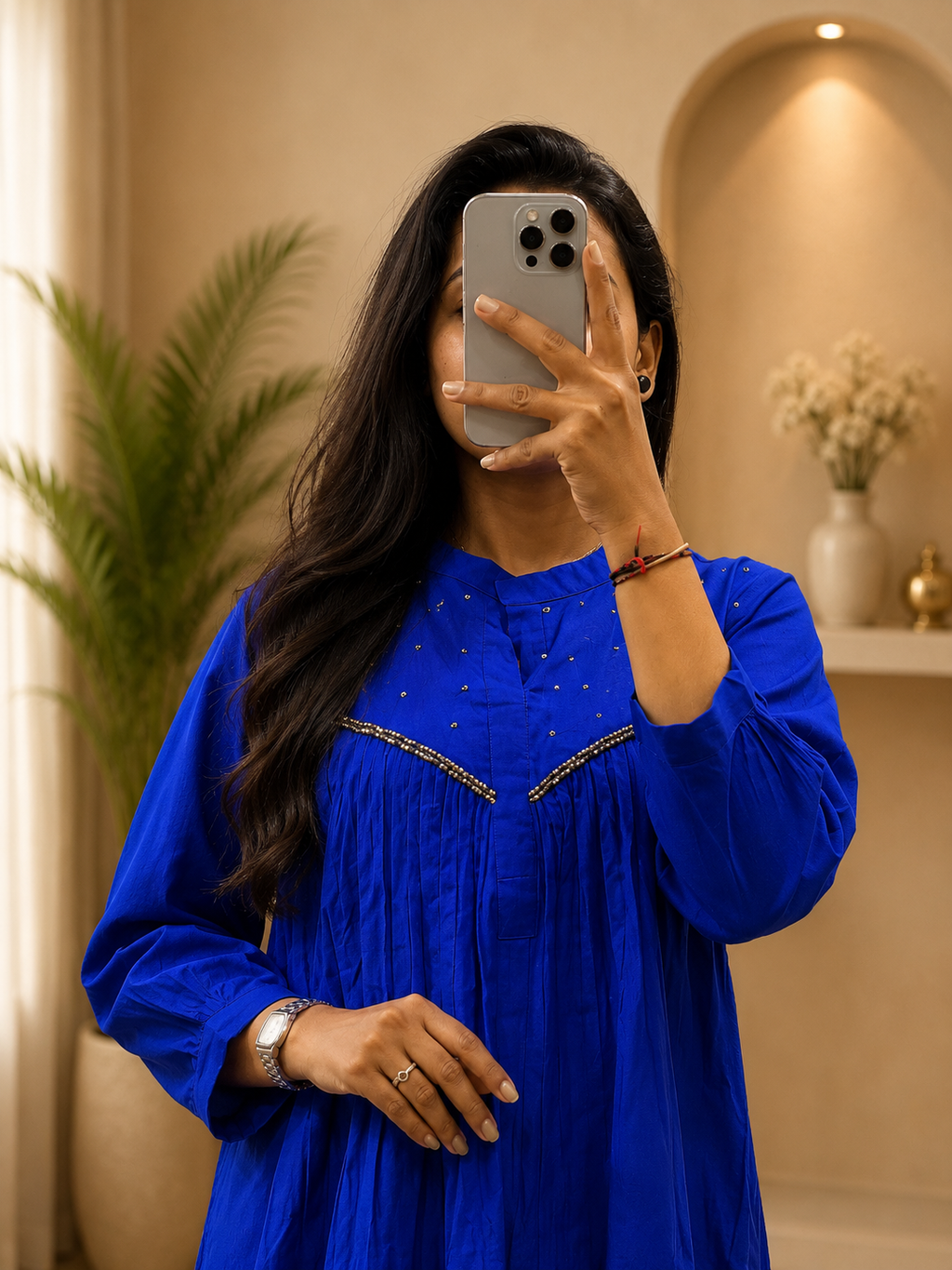 Women's Royal Blue Cotton A-Line Kurta Plazo Set with Beads Work | Gopi Designer Studio