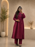 Women's Wine Cotton A-Line Kurta Pant Set with Pleated Yoke | Gopi Designer Studio