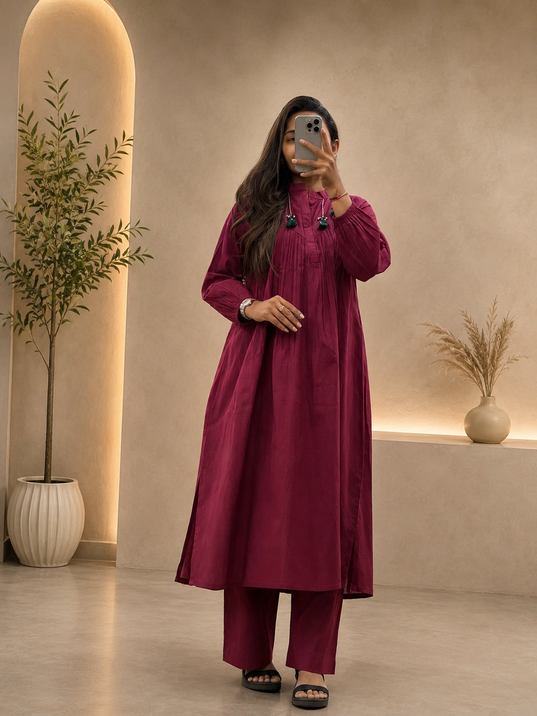 Women's Wine Cotton A-Line Kurta Pant Set with Pleated Yoke | Gopi Designer Studio