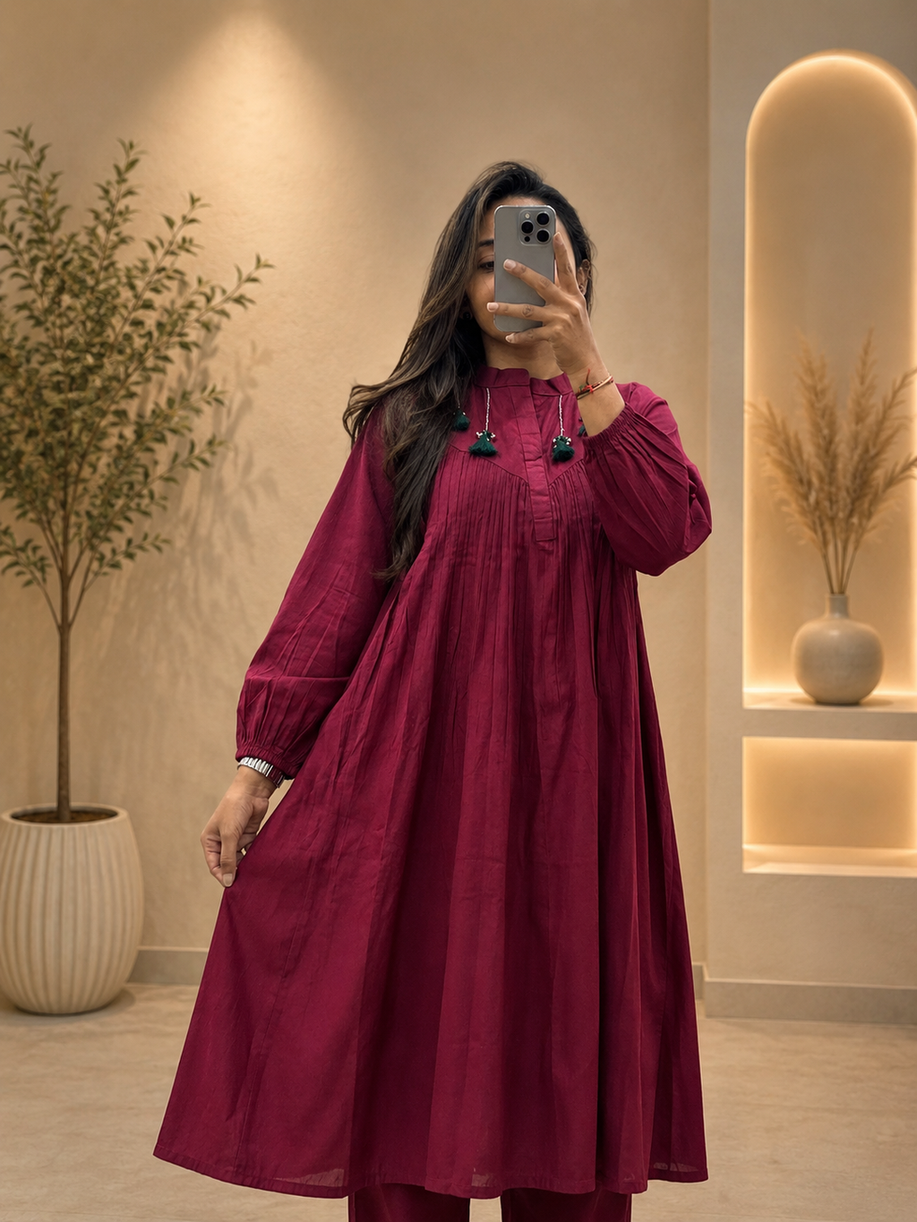 Women's Wine Cotton A-Line Kurta Pant Set with Pleated Yoke | Gopi Designer Studio