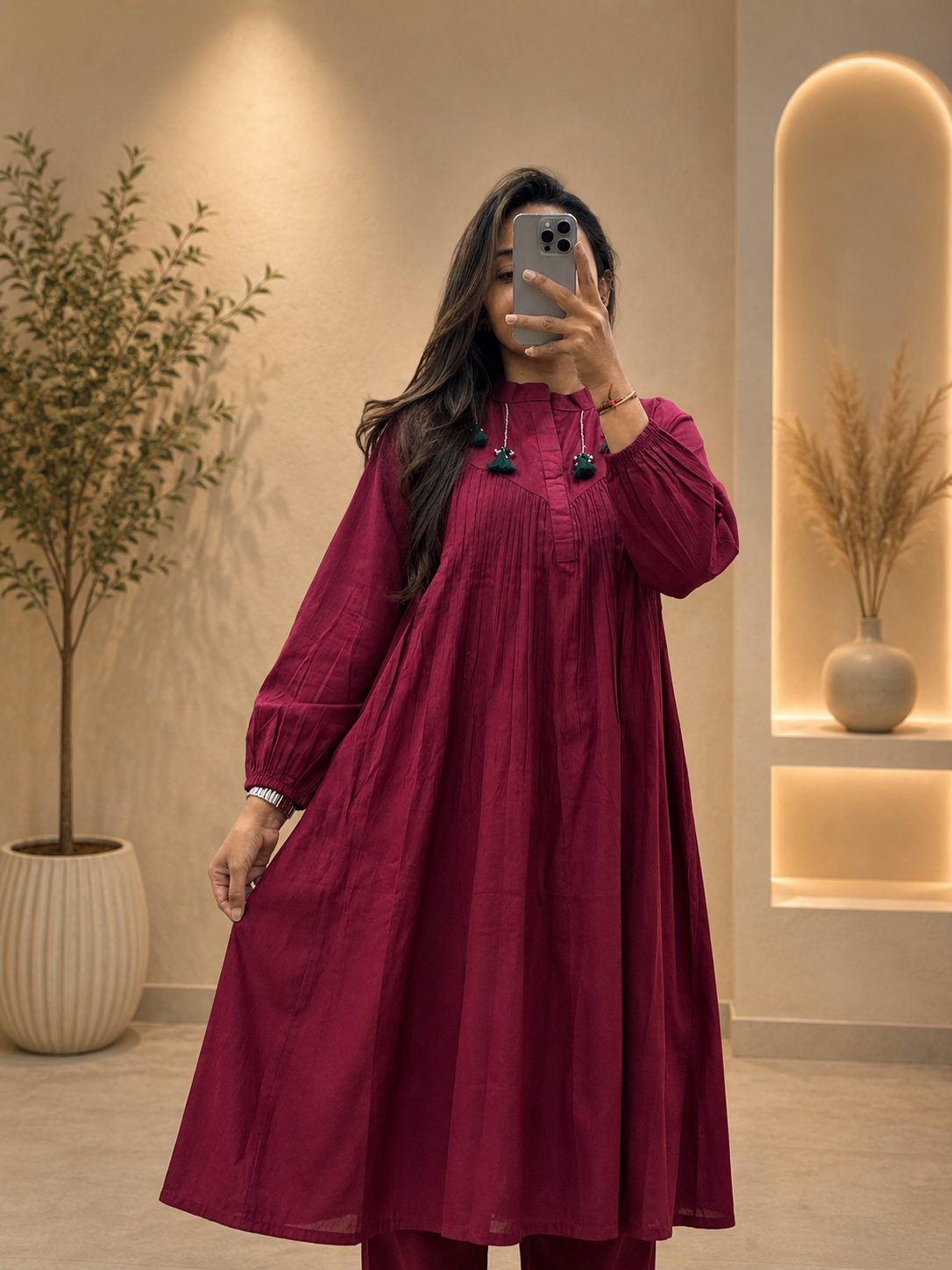 Women's Wine Cotton A-Line Kurta Pant Set with Pleated Yoke | Gopi Designer Studio