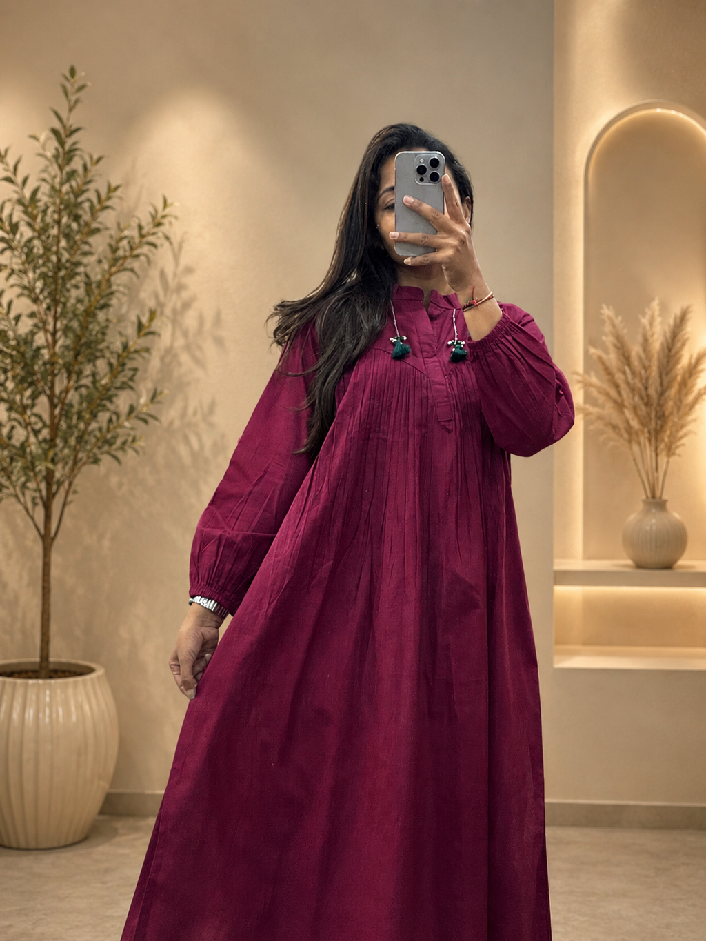 Women's Wine Cotton A-Line Kurta Pant Set with Pleated Yoke | Gopi Designer Studio