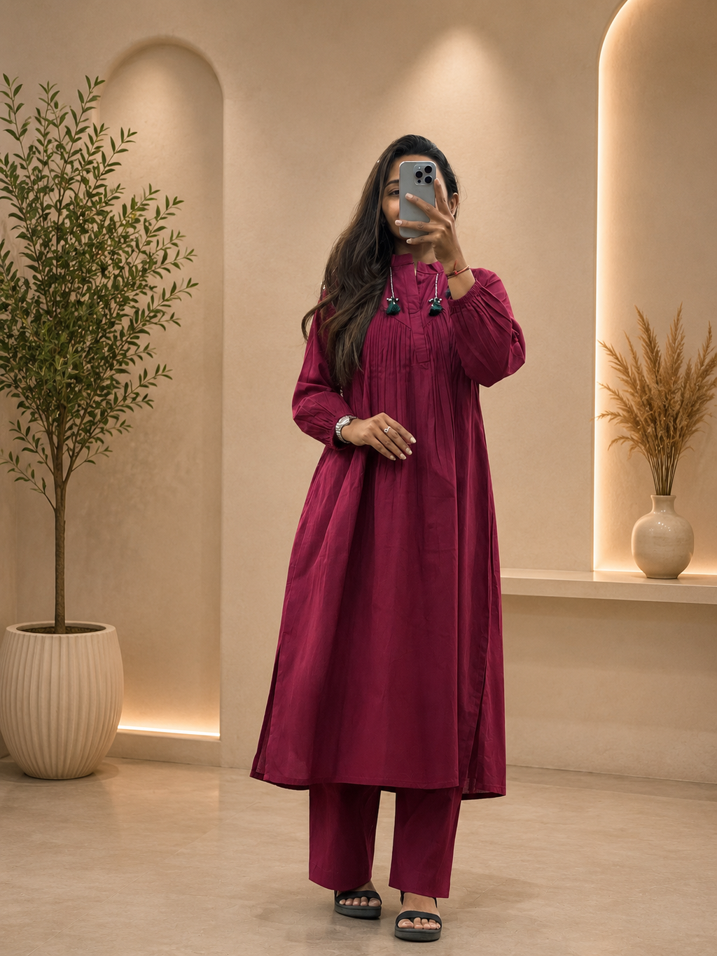 Women's Wine Cotton A-Line Kurta Pant Set with Pleated Yoke | Gopi Designer Studio