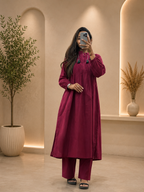 Women's Wine Cotton A-Line Kurta Pant Set with Pleated Yoke | Gopi Designer Studio