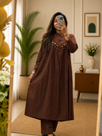 Women's Chocolate Brown Cotton A-Line Western Look  Kurta Plazo Set with Beads Work | Gopi Designer Studio