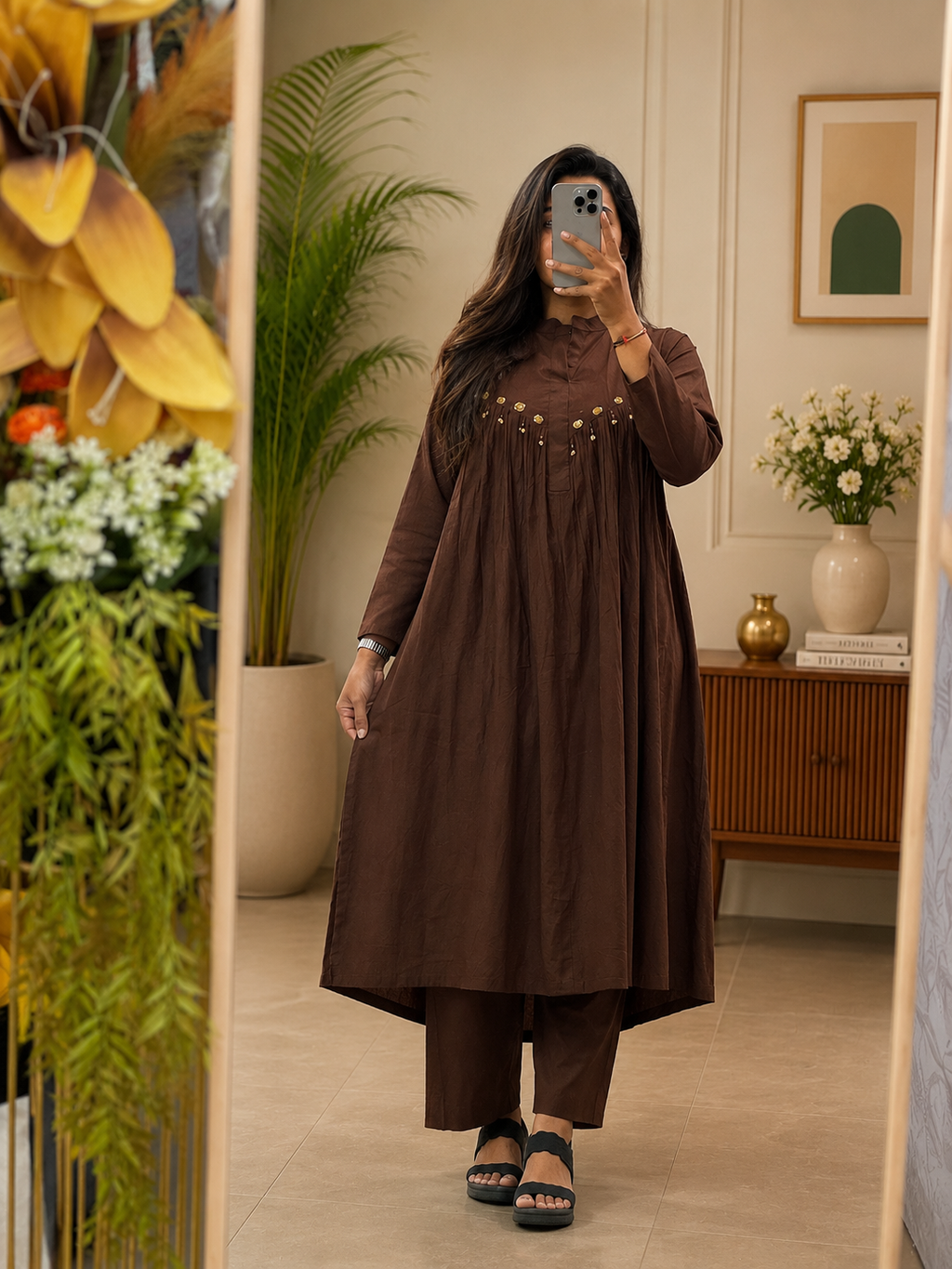 Women's Chocolate Brown Cotton A-Line Western Look  Kurta Plazo Set with Beads Work | Gopi Designer Studio