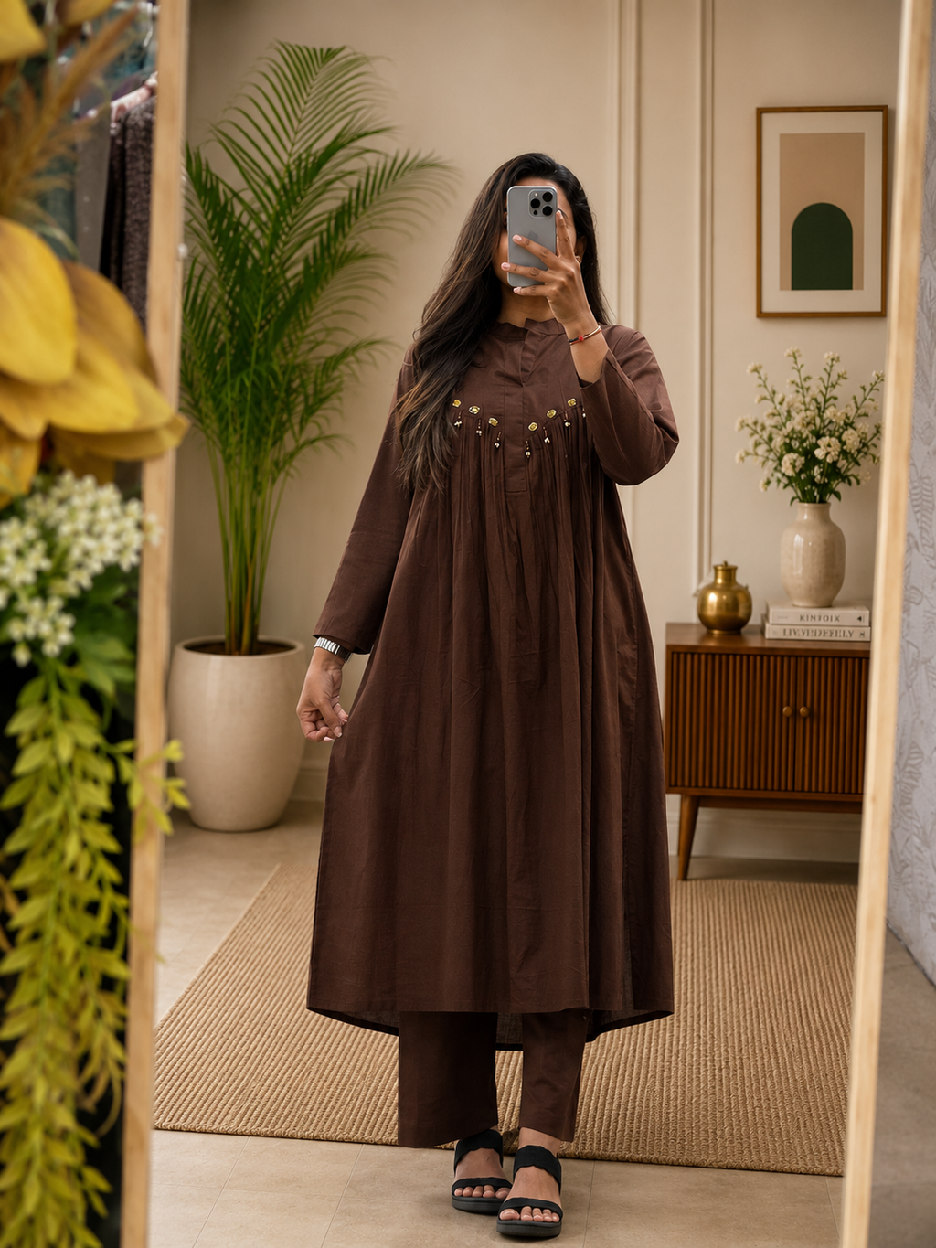 Women's Chocolate Brown Cotton A-Line Western Look  Kurta Plazo Set with Beads Work | Gopi Designer Studio