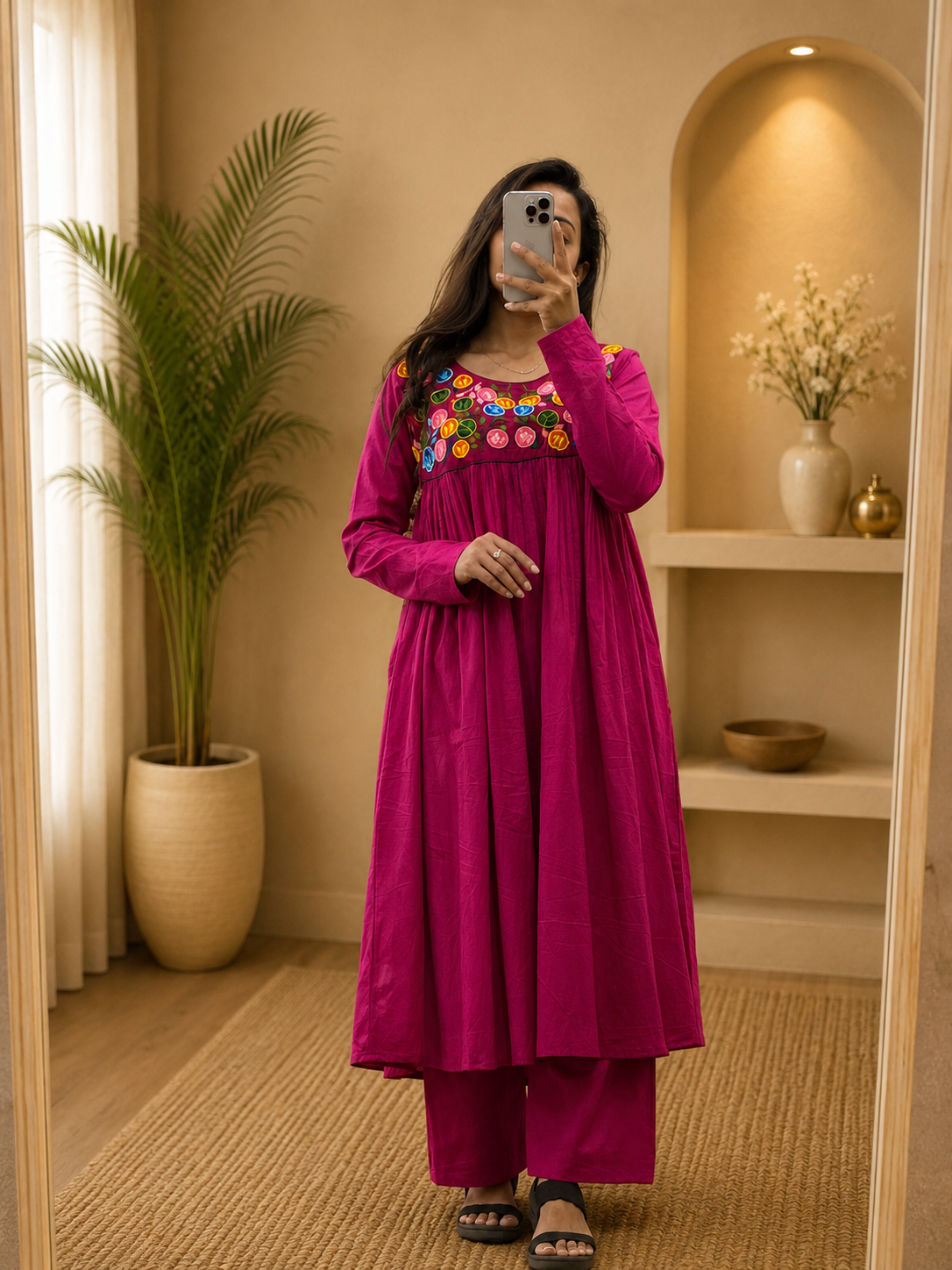Women's Pink Cotton A-Line Kurta Plazo Set with Handwork | Gopi Designer Studio