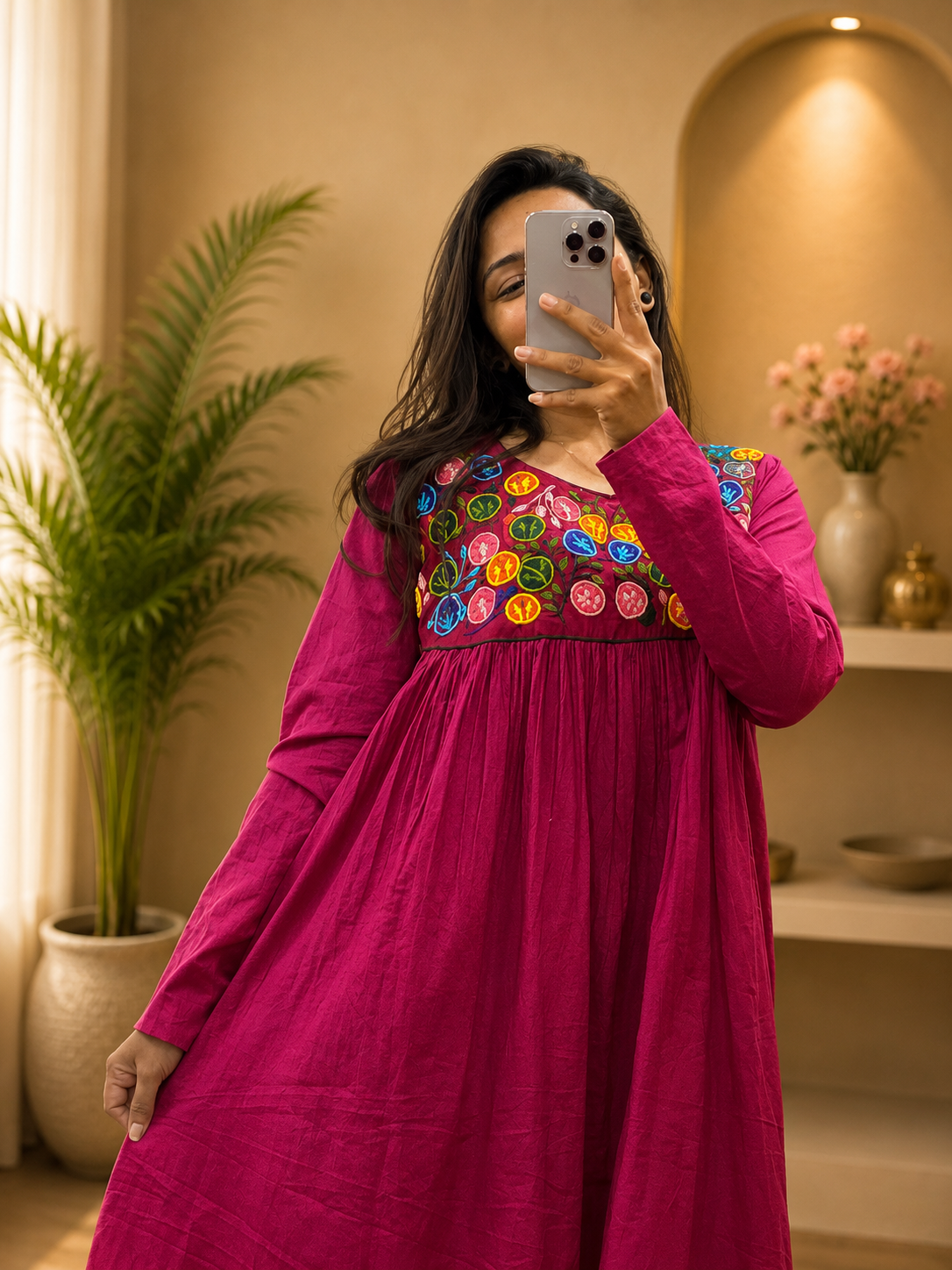 Women's Pink Cotton A-Line Kurta Plazo Set with Handwork | Gopi Designer Studio