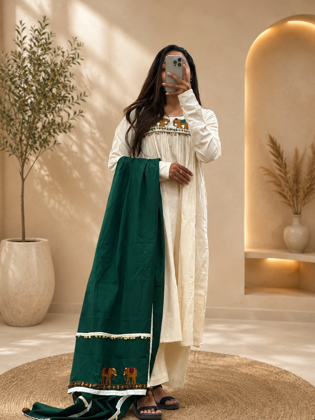 Women's Off White Khadi Cotton A-Line Kurta Plazo Set Dupatta With Heritage Handwork  | Gopi Designer Studio
