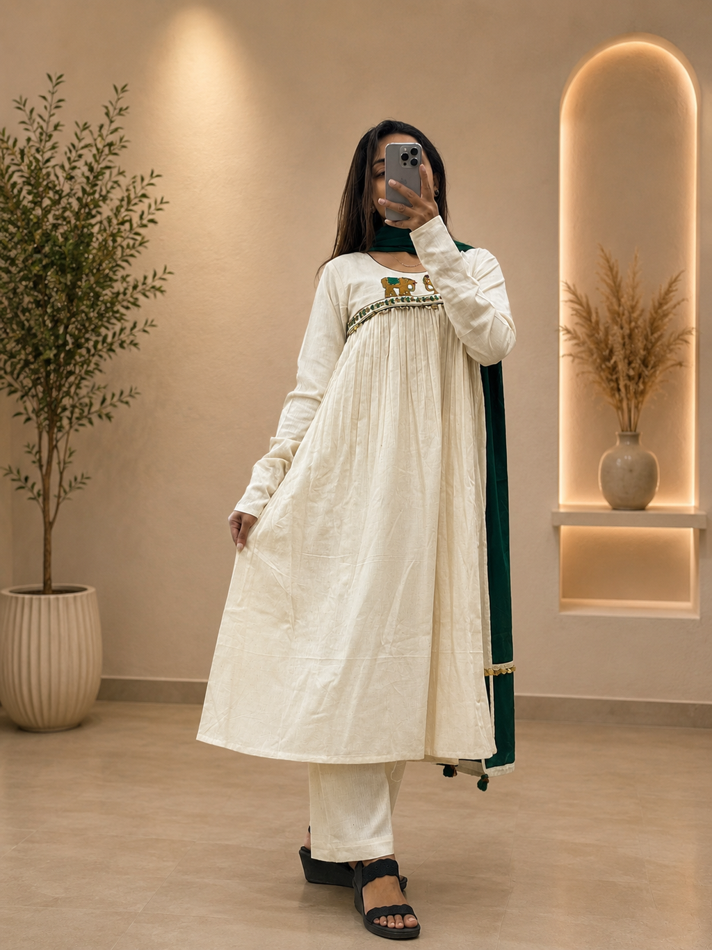 Women's Off White Khadi Cotton A-Line Kurta Plazo Set Dupatta With Heritage Handwork  | Gopi Designer Studio