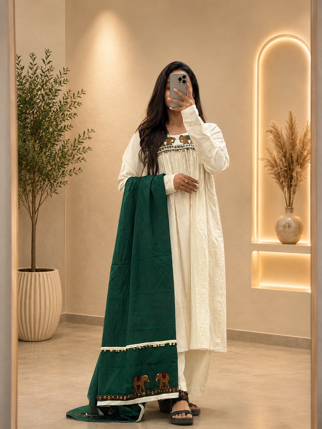 Women's Off White Khadi Cotton A-Line Kurta Plazo Set Dupatta With Heritage Handwork  | Gopi Designer Studio