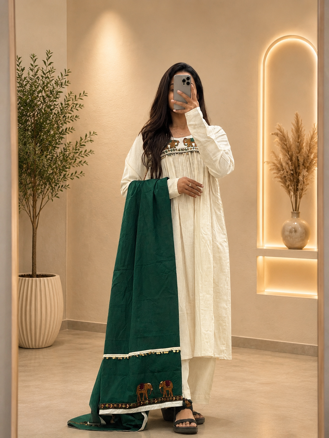 Women's Off White Khadi Cotton A-Line Kurta Plazo Set Dupatta With Heritage Handwork  | Gopi Designer Studio