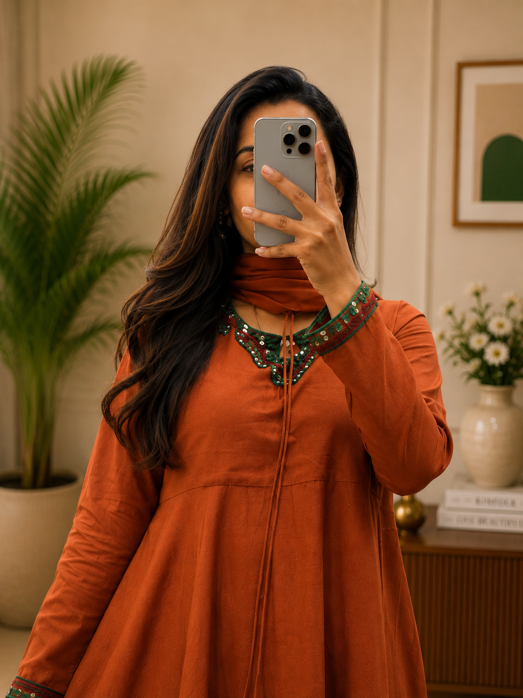 Women's Rust Orange Cotton Anarkali Palzo Dupatta Set With Pearl Handwork | Gopi Designer Studio