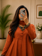 Women's Rust Orange Cotton Anarkali Palzo Dupatta Set With Pearl Handwork | Gopi Designer Studio