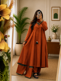 Women's Rust Orange Cotton Anarkali Palzo Dupatta Set With Pearl Handwork | Gopi Designer Studio