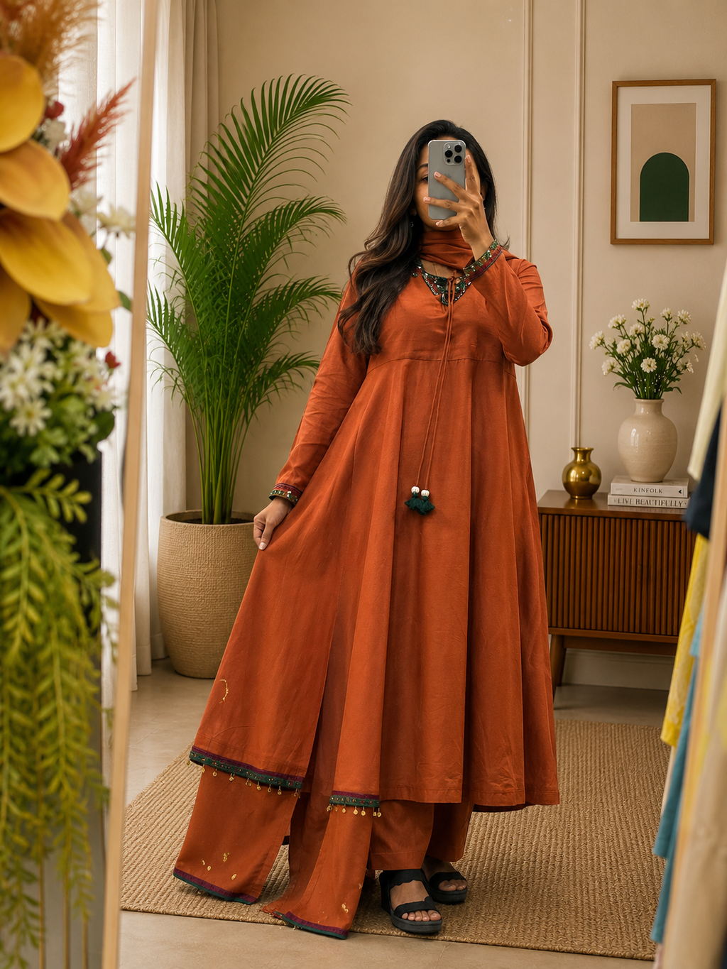 Women's Rust Orange Cotton Anarkali Palzo Dupatta Set With Pearl Handwork | Gopi Designer Studio