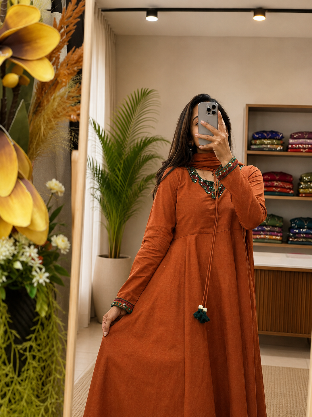 Women's Rust Orange Cotton Anarkali Palzo Dupatta Set With Pearl Handwork | Gopi Designer Studio