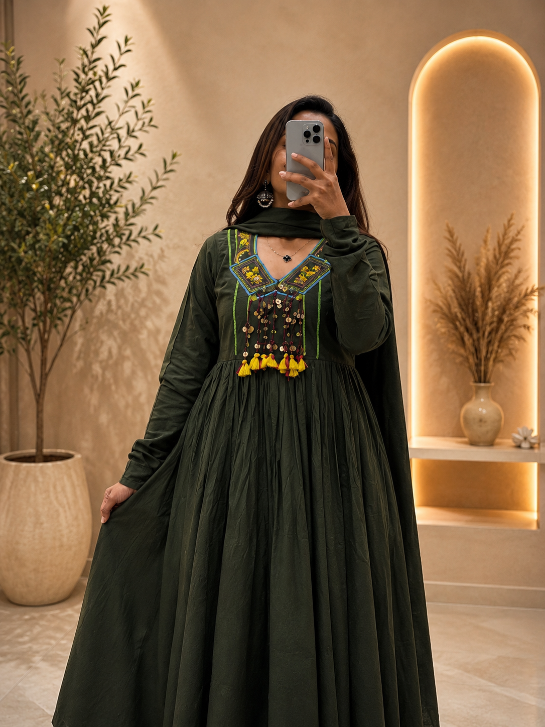 Women's Olive Green Cotton Anarkali Plazo With Dupatta Set with Heritage Handwork For Tassles Look | Gopi Designer Studio