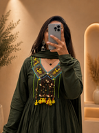 Women's Olive Green Cotton Anarkali Plazo With Dupatta Set with Heritage Handwork For Tassles Look | Gopi Designer Studio