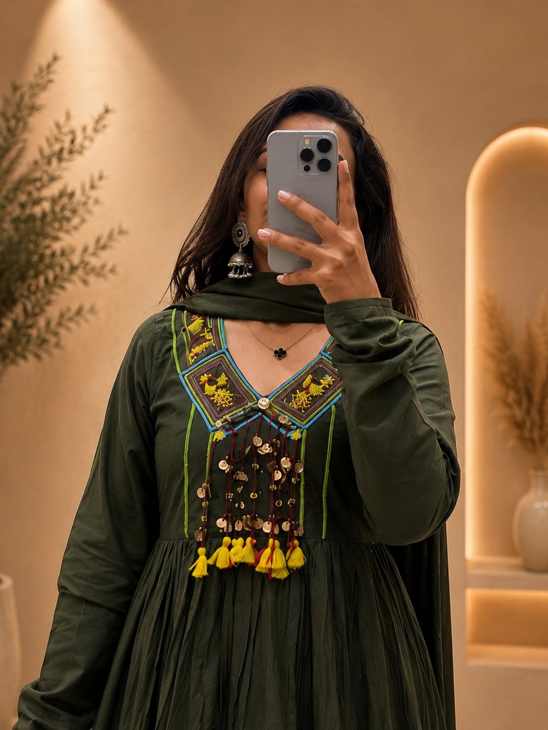Women's Olive Green Cotton Anarkali Plazo With Dupatta Set with Heritage Handwork For Tassles Look | Gopi Designer Studio