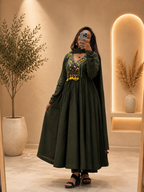 Women's Olive Green Cotton Anarkali Plazo With Dupatta Set with Heritage Handwork For Tassles Look | Gopi Designer Studio