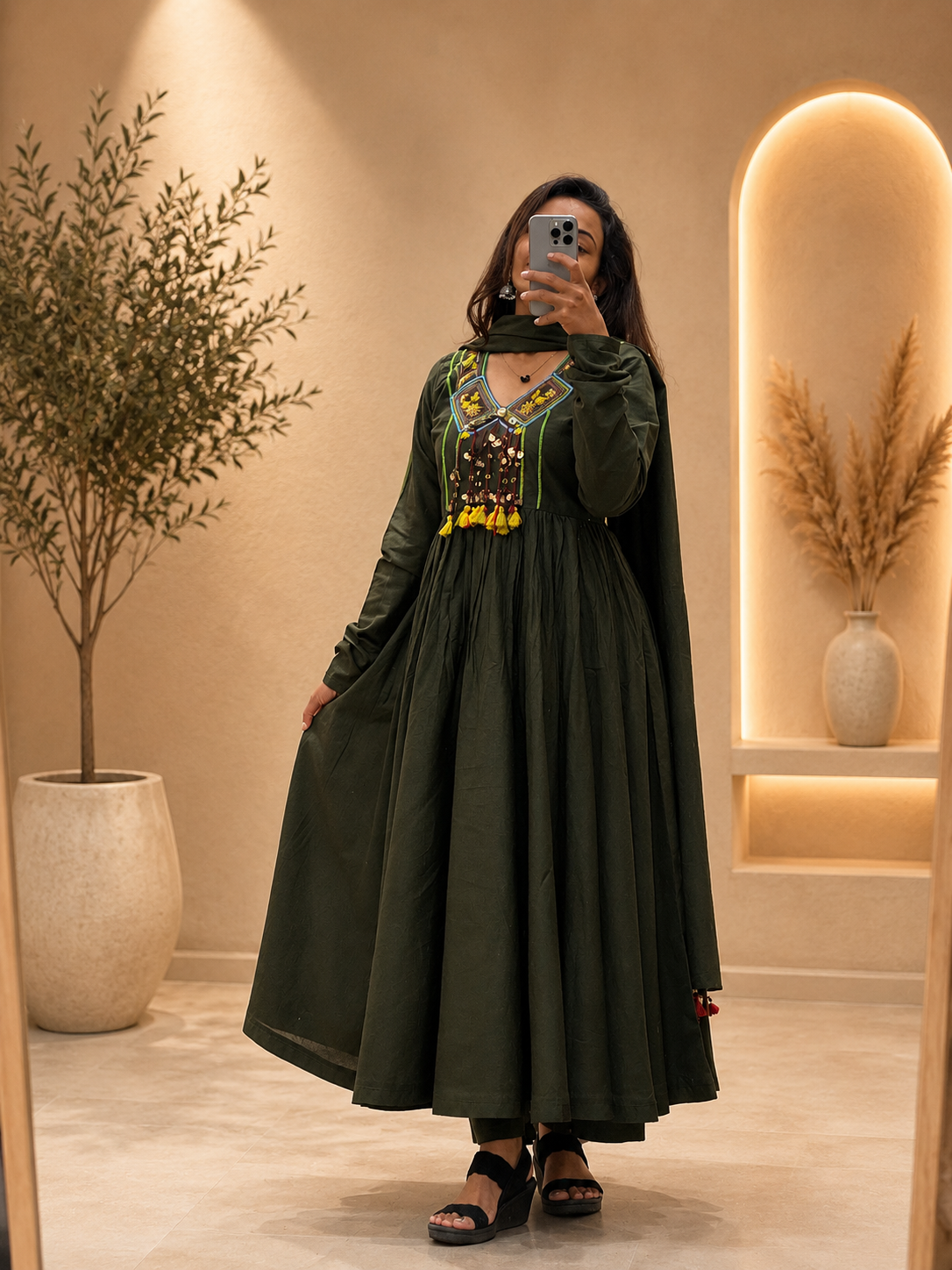 Women's Olive Green Cotton Anarkali Plazo With Dupatta Set with Heritage Handwork For Tassles Look | Gopi Designer Studio