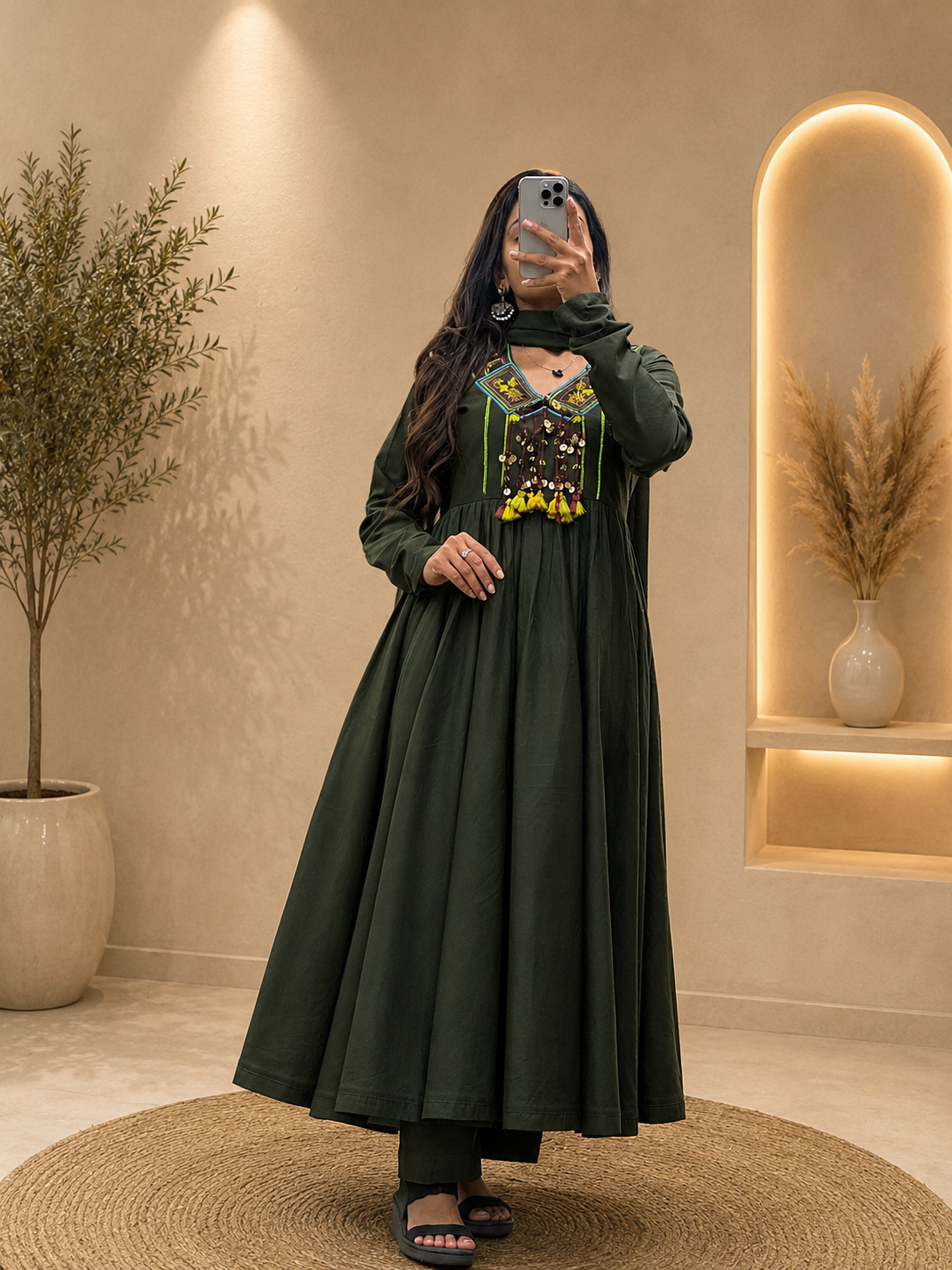 Women's Olive Green Cotton Anarkali Plazo With Dupatta Set with Heritage Handwork For Tassles Look | Gopi Designer Studio