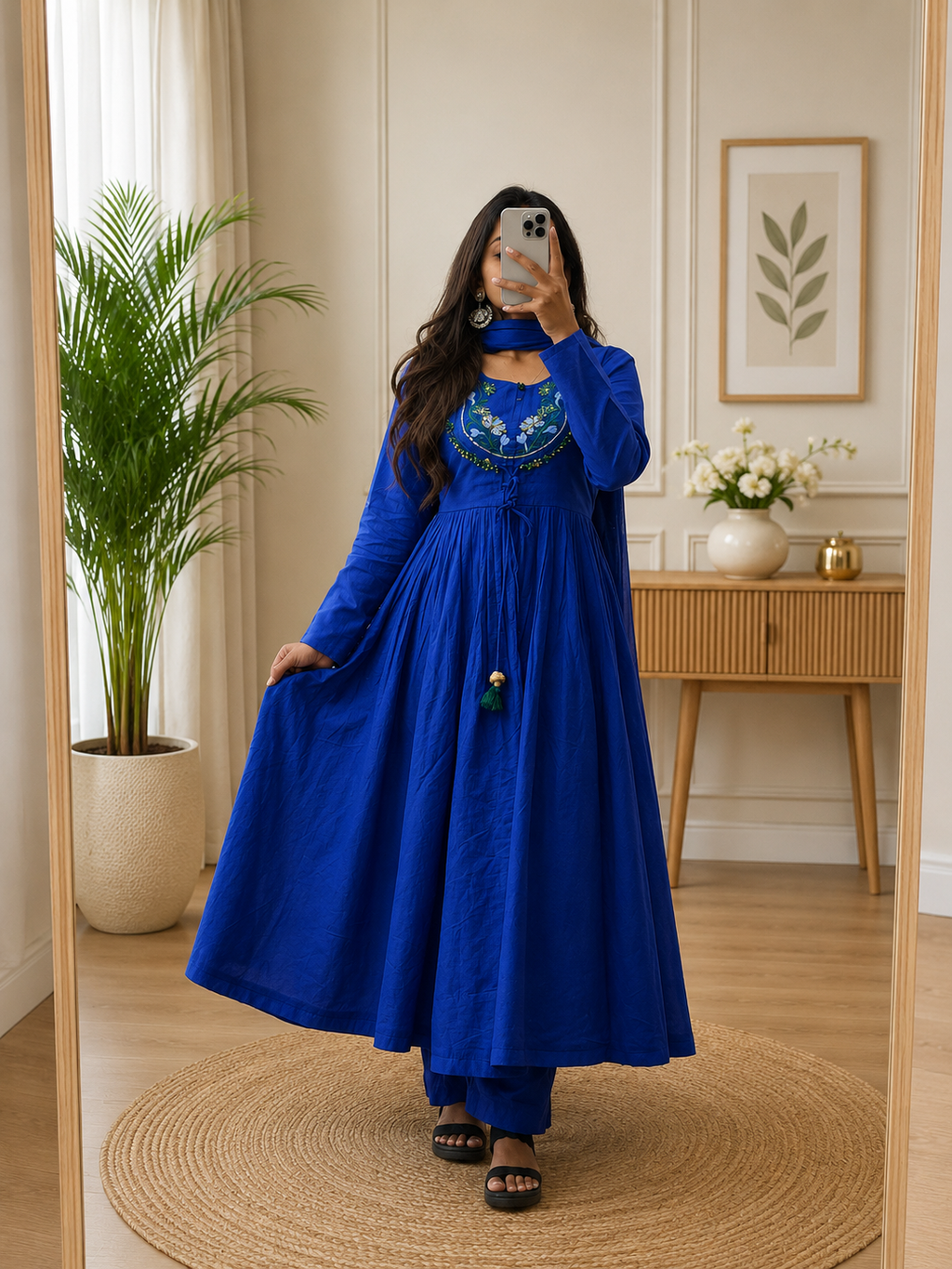 Royal Blue Cotton Anarkali Kurta Pent Set Dupatta With Heritage Handwork for Women