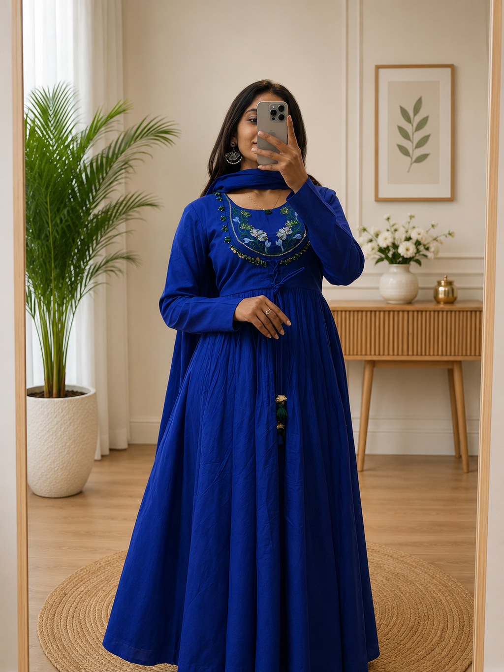 Royal Blue Cotton Anarkali Kurta Pent Set Dupatta With Heritage Handwork for Women