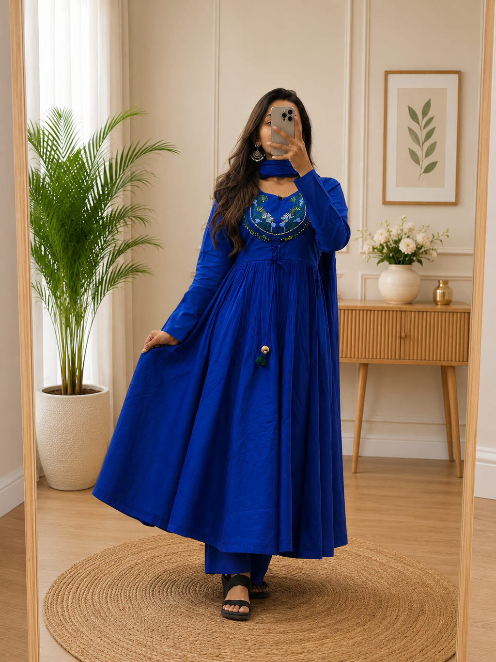 Royal Blue Cotton Anarkali Kurta Pent Set Dupatta With Heritage Handwork for Women