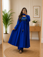 Royal Blue Cotton Anarkali Kurta Pent Set Dupatta With Heritage Handwork for Women