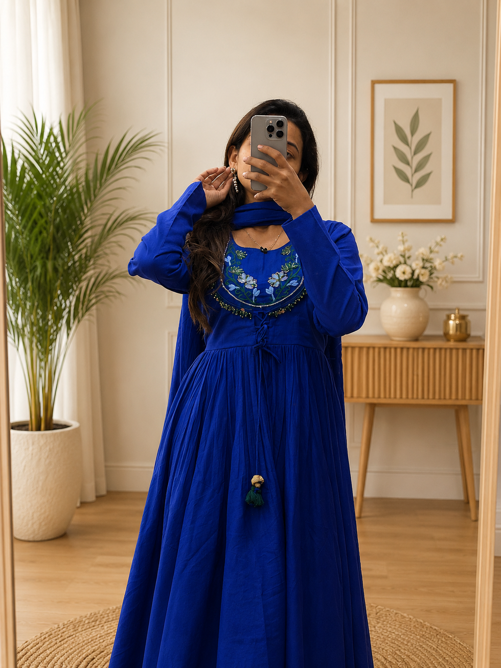 Royal Blue Cotton Anarkali Kurta Pent Set Dupatta With Heritage Handwork for Women