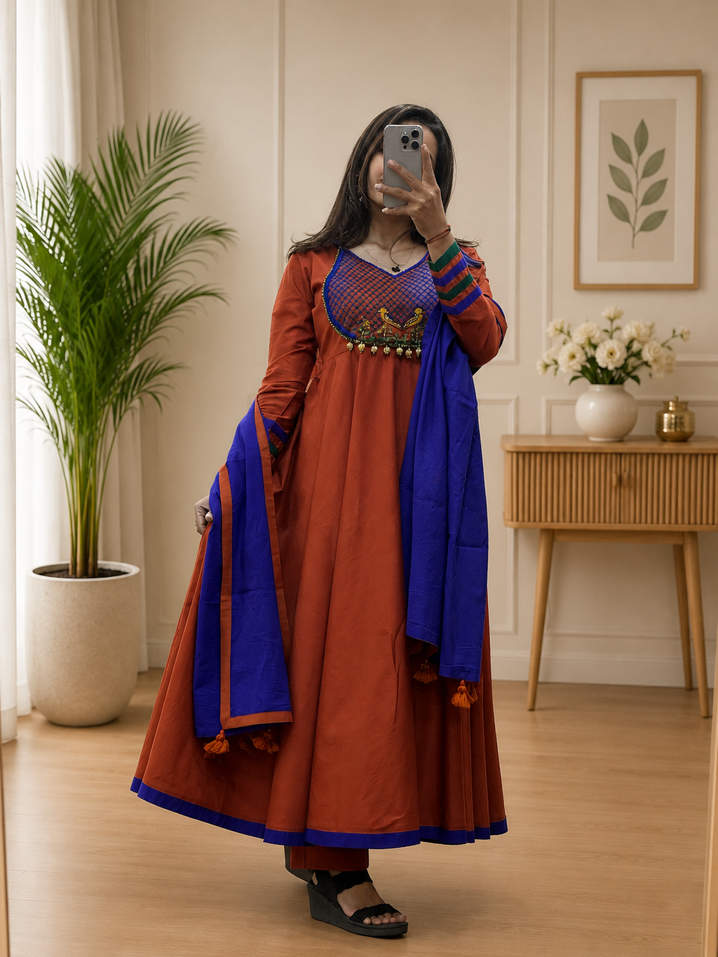 Rust Orange Kalamkari Work Cotton Anarkali Pent Set with Royal Blue Dupatta for Women